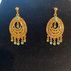 Joan Rivers Gold-tone Filigree Chandelier Earrings with Blue & Green Crystals